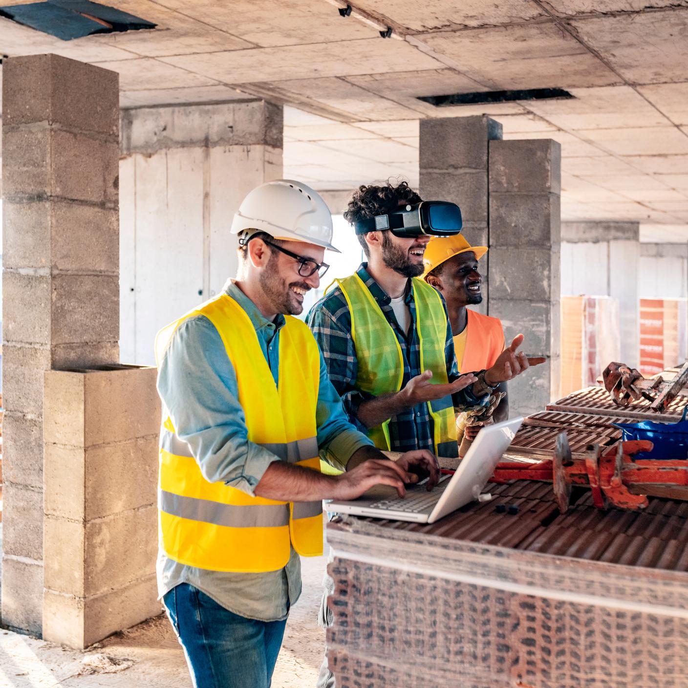 Three building site workers making use of AI