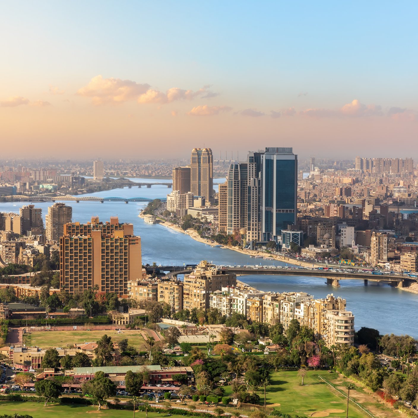 The Nile and the skyscrapers of Cairo, Egypt.